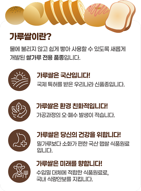 가루쌀이란? 물에 불리지 않고 쉽게 빻아 사용할 수 있도록 새롭게 개발된 쌀가루 전용 품종입니다.